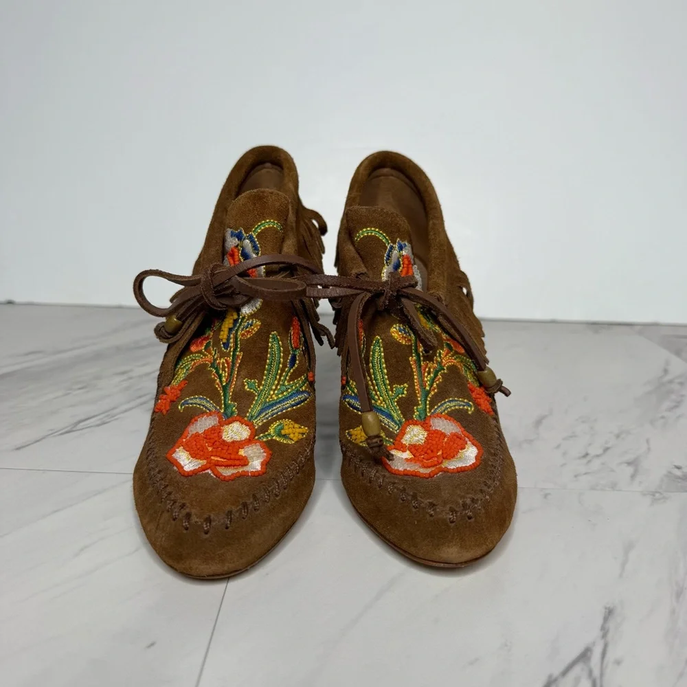 Tory Burch Huntington Fringe Brown Suede Beaded Bootie 5M